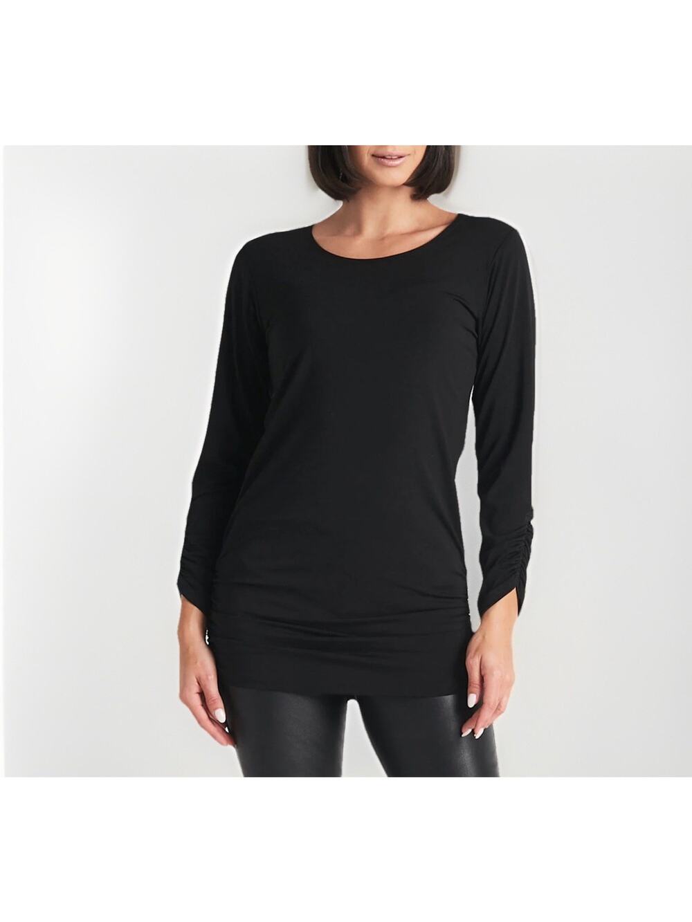 PLANET by Lauren G Matte Jersey Ruched Long Sleeve Top Black One Size Lagenlook